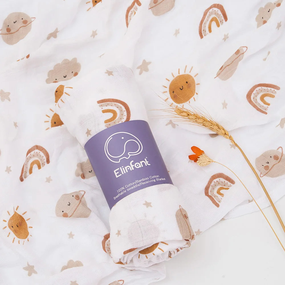Elinfant 120x110cm Bamboo Cotton Baby Muslin Swaddle Blanket Cute Soft Print Baby Towel Wrap