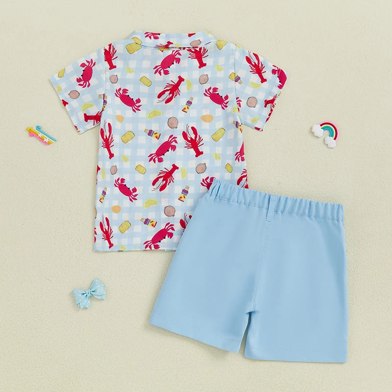 Infant Boys Casual Wear Short Sleeve Button Down Shirt and Shorts Set with Fun Lobster Print - Toddler Summer Outfit Collection