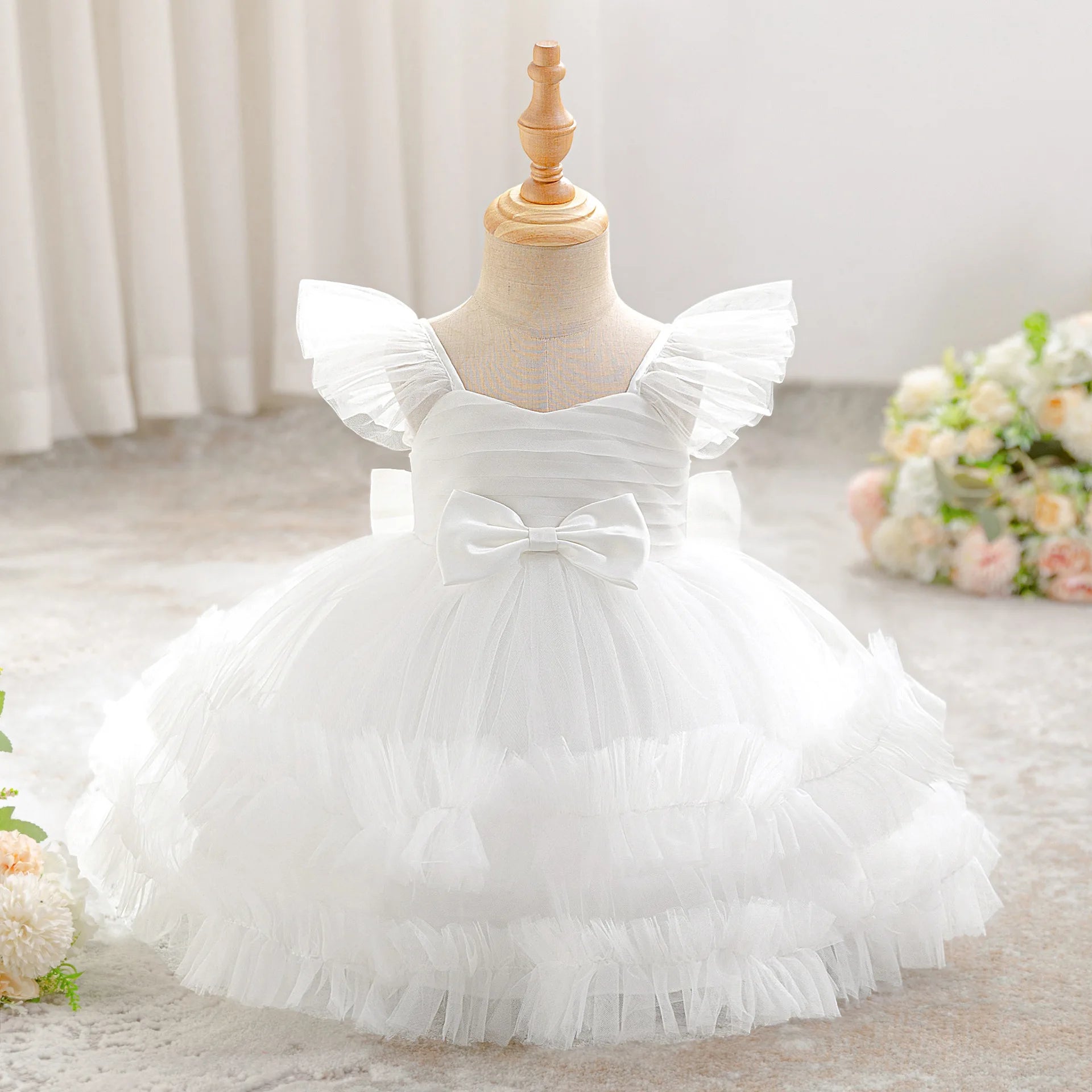 Baby Girl Elegant Layered Bow Princess Dress For Infant Toddler Ceremony Birthday Party Communion Baptism Christening Gown