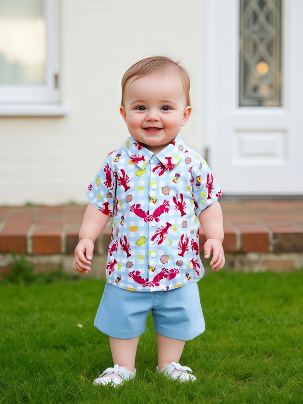 Infant Boys Casual Wear Short Sleeve Button Down Shirt and Shorts Set with Fun Lobster Print - Toddler Summer Outfit Collection