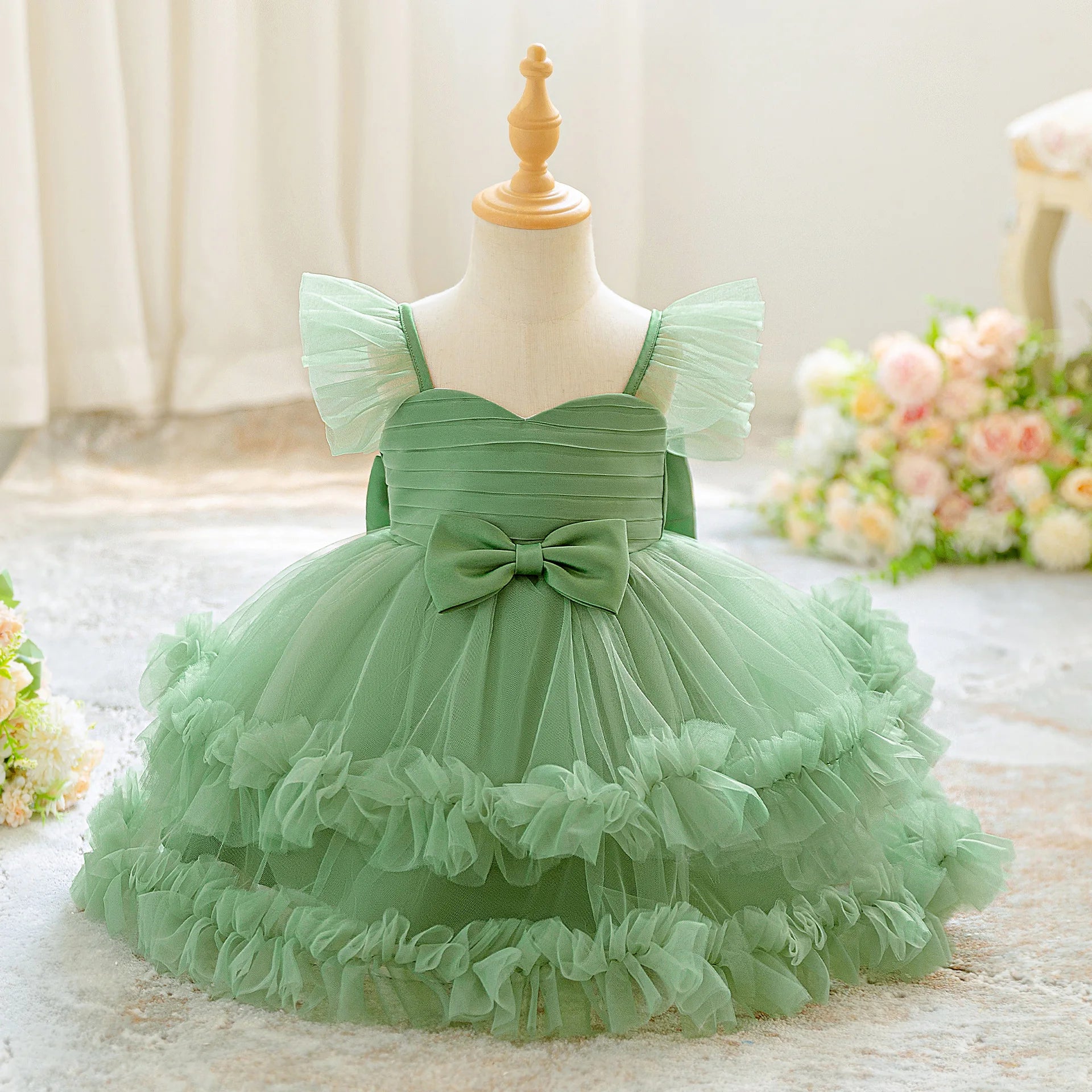 Baby Girl Elegant Layered Bow Princess Dress For Infant Toddler Ceremony Birthday Party Communion Baptism Christening Gown