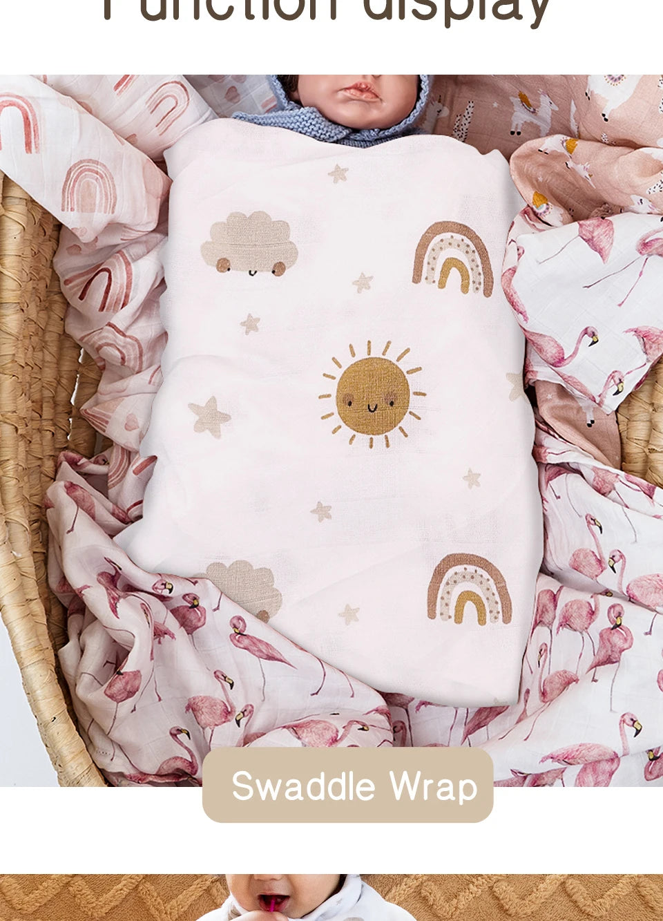 Elinfant 120x110cm Bamboo Cotton Baby Muslin Swaddle Blanket Cute Soft Print Baby Towel Wrap