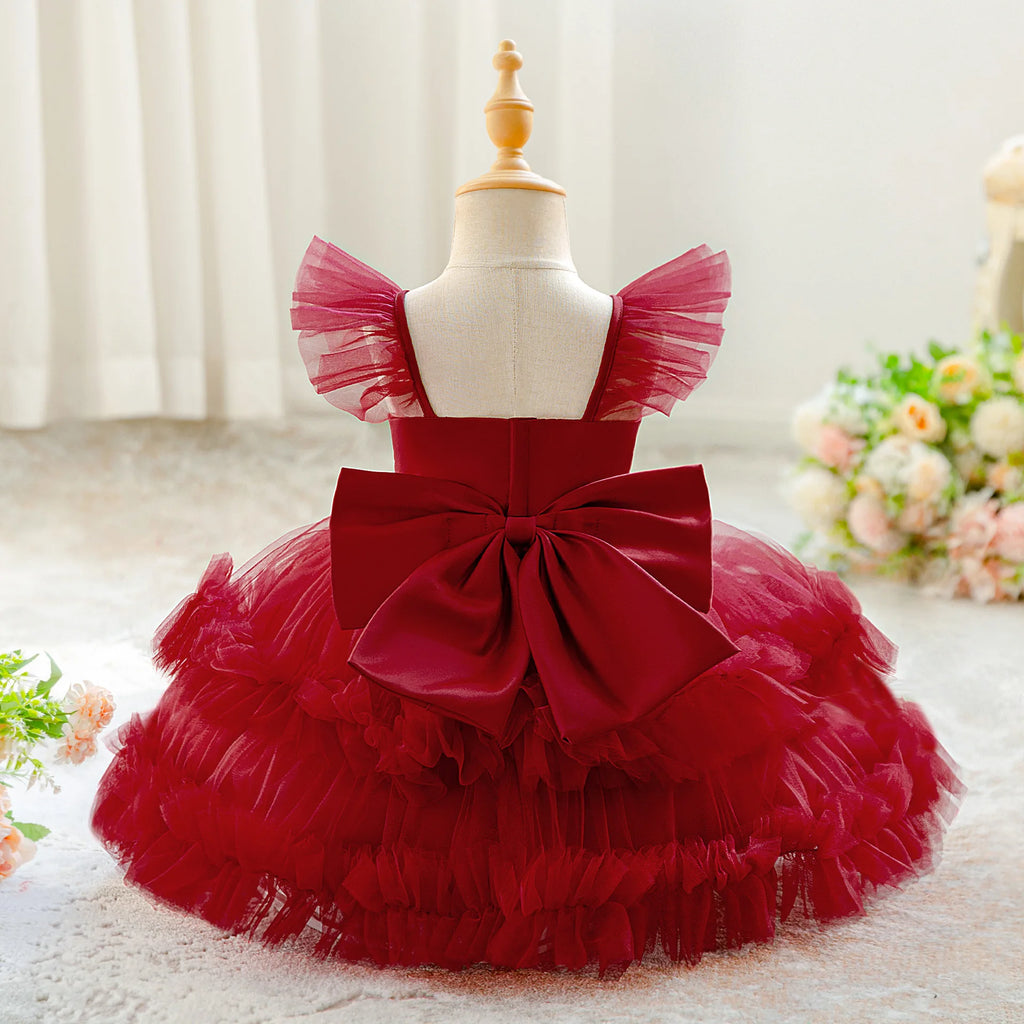 Baby Girl Elegant Layered Bow Princess Dress For Infant Toddler Ceremony Birthday Party Communion Baptism Christening Gown