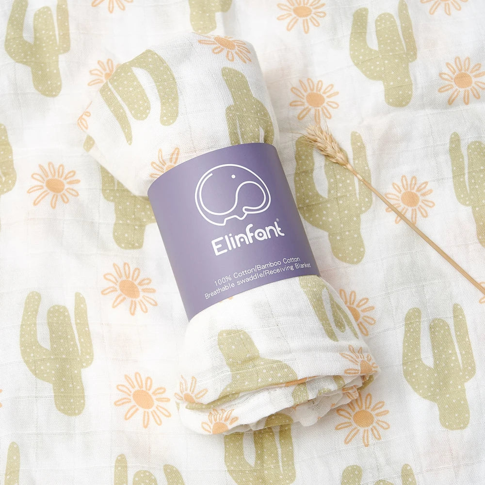 Elinfant 120x110cm Bamboo Cotton Baby Muslin Swaddle Blanket Cute Soft Print Baby Towel Wrap