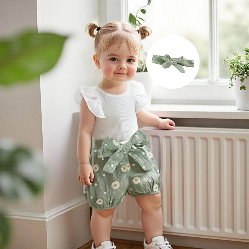 Adorable Toddler Summer Ensemble with Frilly Flutter Sleeve  Floral Print Bottoms Matching Hair Bow and Belt - 4 Piece