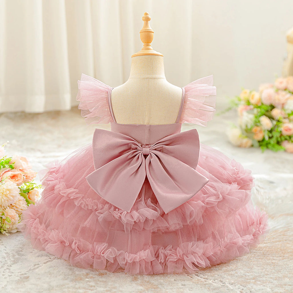 Baby Girl Elegant Layered Bow Princess Dress For Infant Toddler Ceremony Birthday Party Communion Baptism Christening Gown