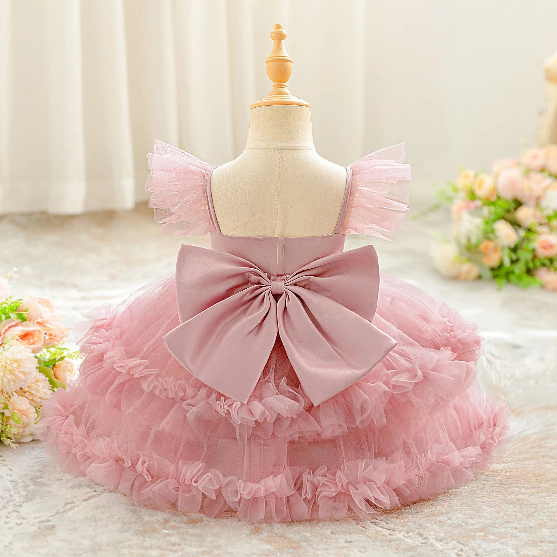 Baby Girl Elegant Layered Bow Princess Dress For Infant Toddler Ceremony Birthday Party Communion Baptism Christening Gown