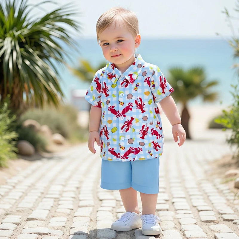 Infant Boys Casual Wear Short Sleeve Button Down Shirt and Shorts Set with Fun Lobster Print - Toddler Summer Outfit Collection