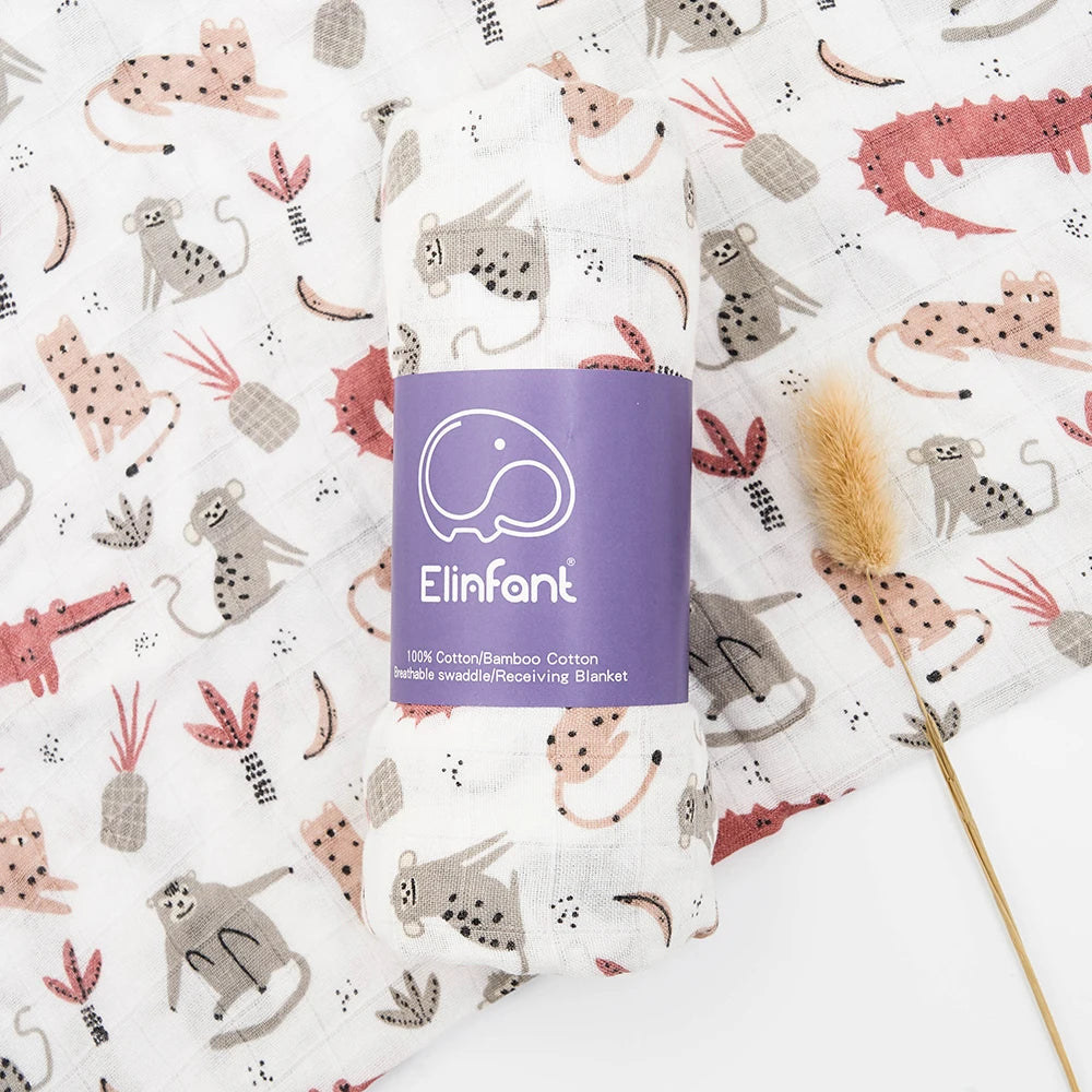 Elinfant 120x110cm Bamboo Cotton Baby Muslin Swaddle Blanket Cute Soft Print Baby Towel Wrap