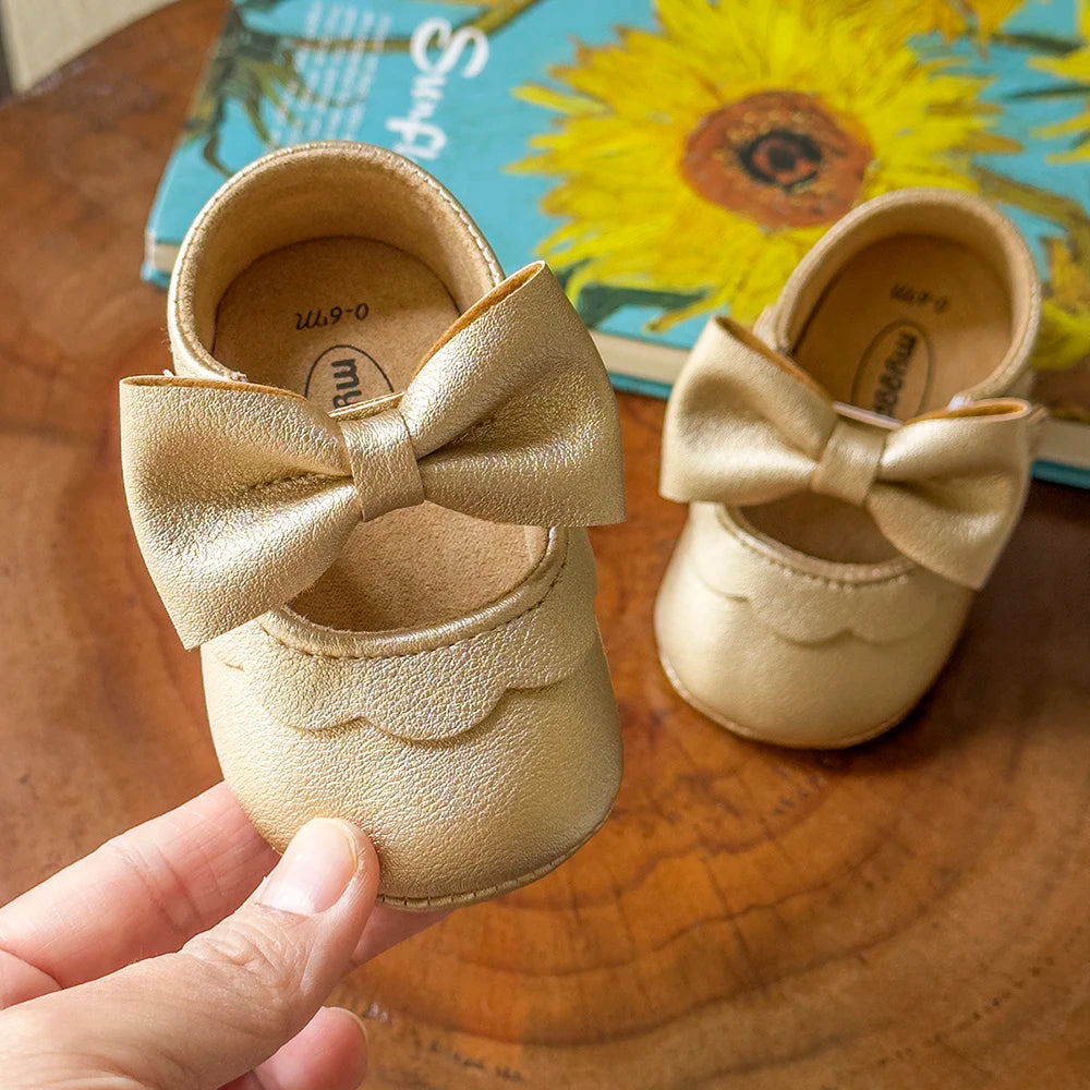 Baby Casual Shoes Infant Toddler Bowknot Non-slip Rubber Soft-Sole Flat PU First Walker Newborn Bow Decor Mary Janes