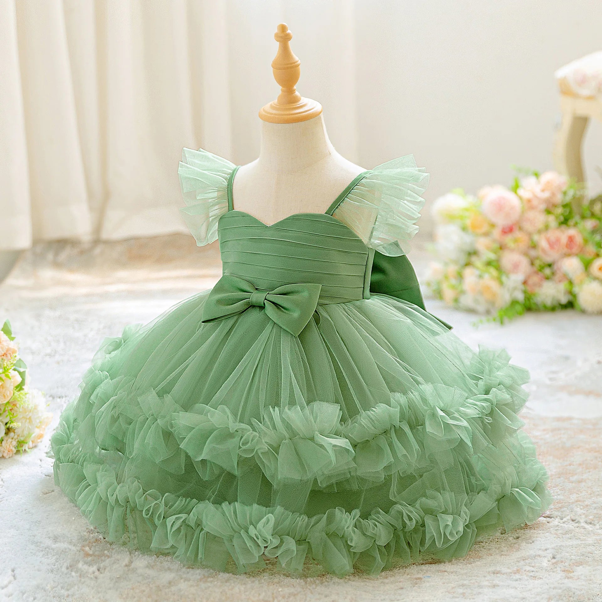 Baby Girl Elegant Layered Bow Princess Dress For Infant Toddler Ceremony Birthday Party Communion Baptism Christening Gown