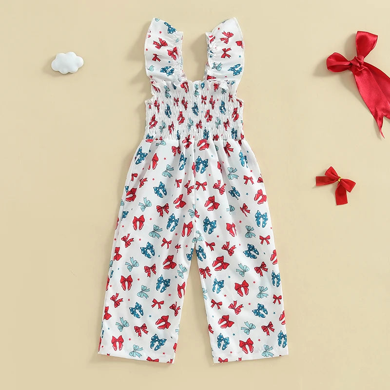 Cute Baby Girls Floral Print Ruffle Sleeve Romper Jumpsuit Toddler Summer Overall Suspender Pants Bowknot Outfit