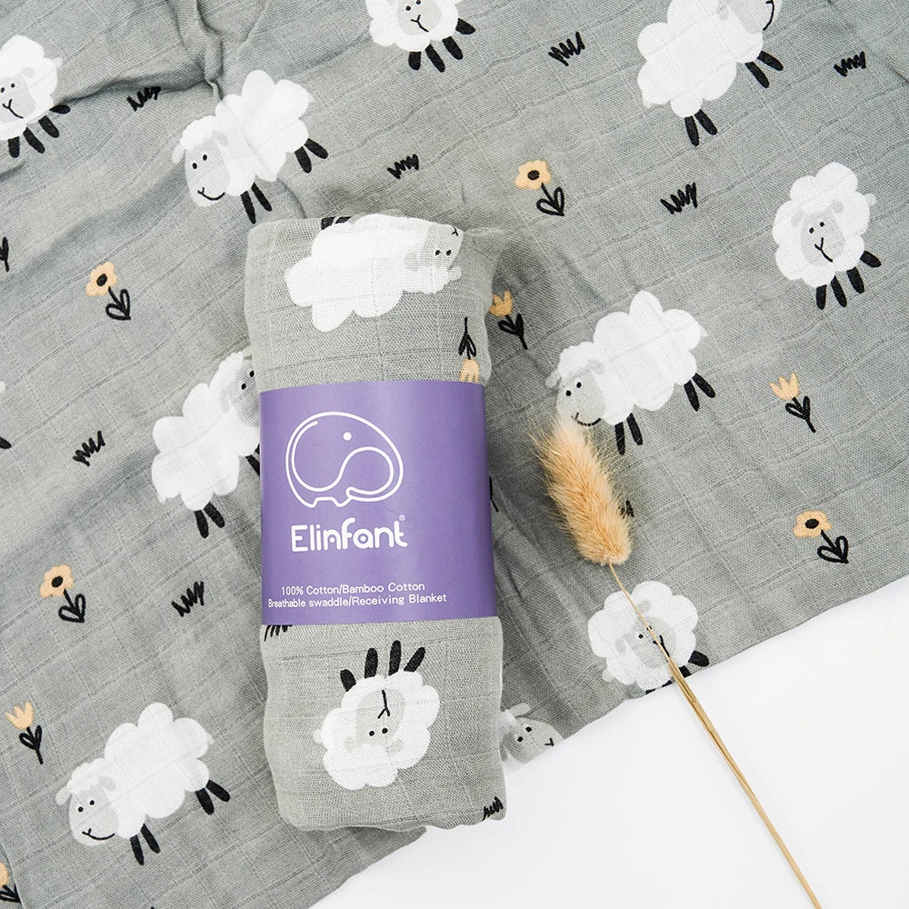 Elinfant 120x110cm Bamboo Cotton Baby Muslin Swaddle Blanket Cute Soft Print Baby Towel Wrap