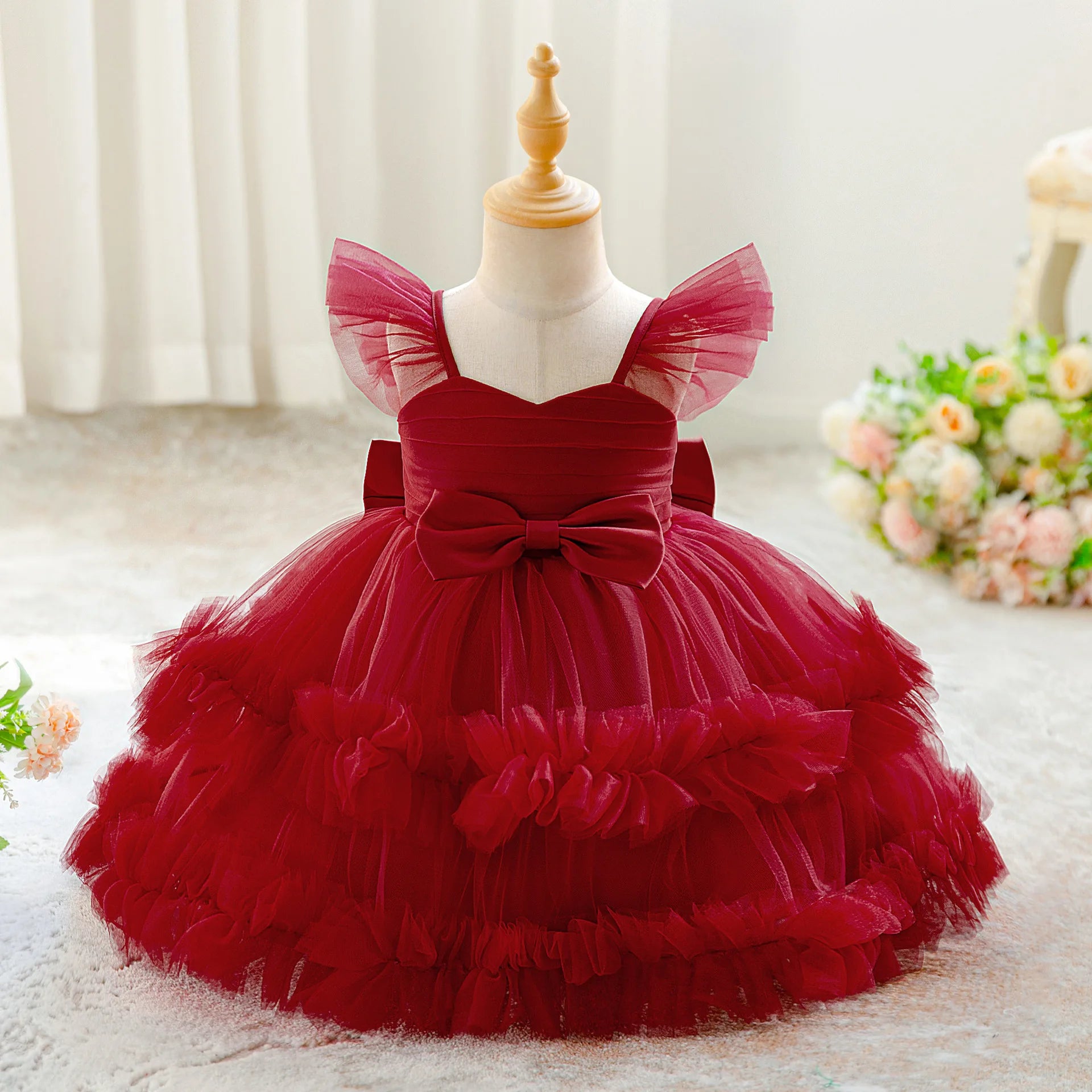 Baby Girl Elegant Layered Bow Princess Dress For Infant Toddler Ceremony Birthday Party Communion Baptism Christening Gown