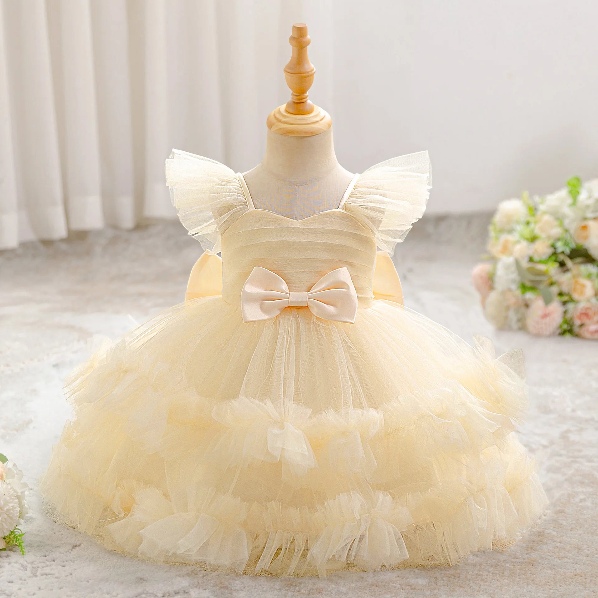Baby Girl Elegant Layered Bow Princess Dress For Infant Toddler Ceremony Birthday Party Communion Baptism Christening Gown