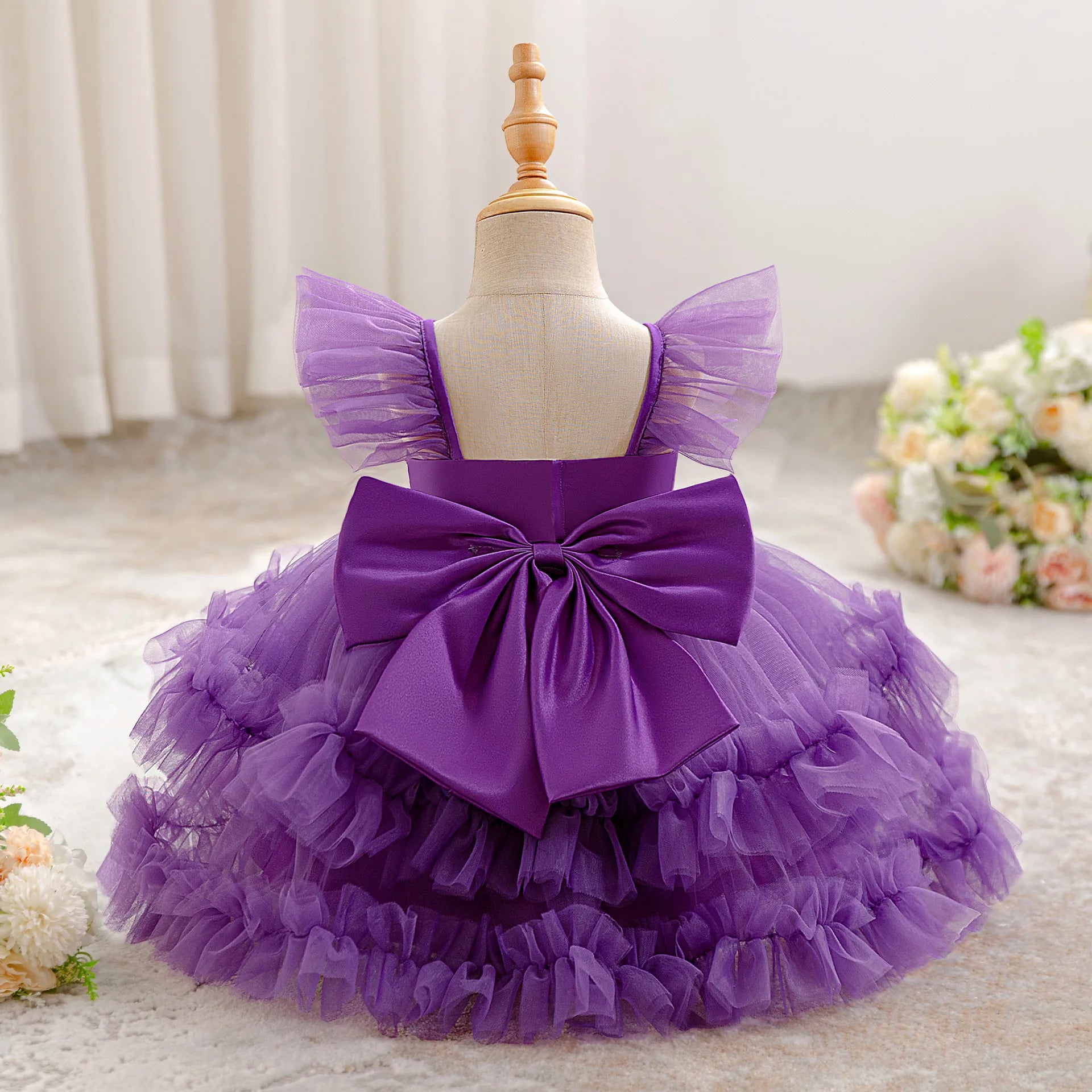 Baby Girl Elegant Layered Bow Princess Dress For Infant Toddler Ceremony Birthday Party Communion Baptism Christening Gown