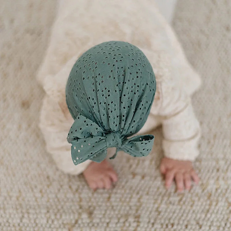 Summer Hollow Baby Turban Cap Big Bow Infant Indian Hat Thin Cotton Newborn Elastic Headscarf Solid Color Kids Hair Accessories