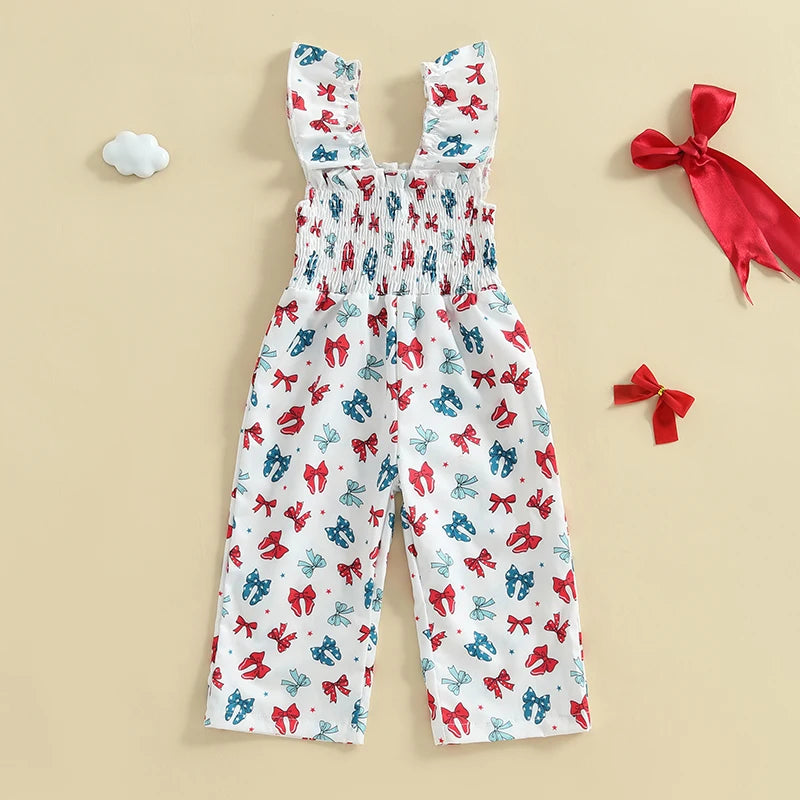 Cute Baby Girls Floral Print Ruffle Sleeve Romper Jumpsuit Toddler Summer Overall Suspender Pants Bowknot Outfit