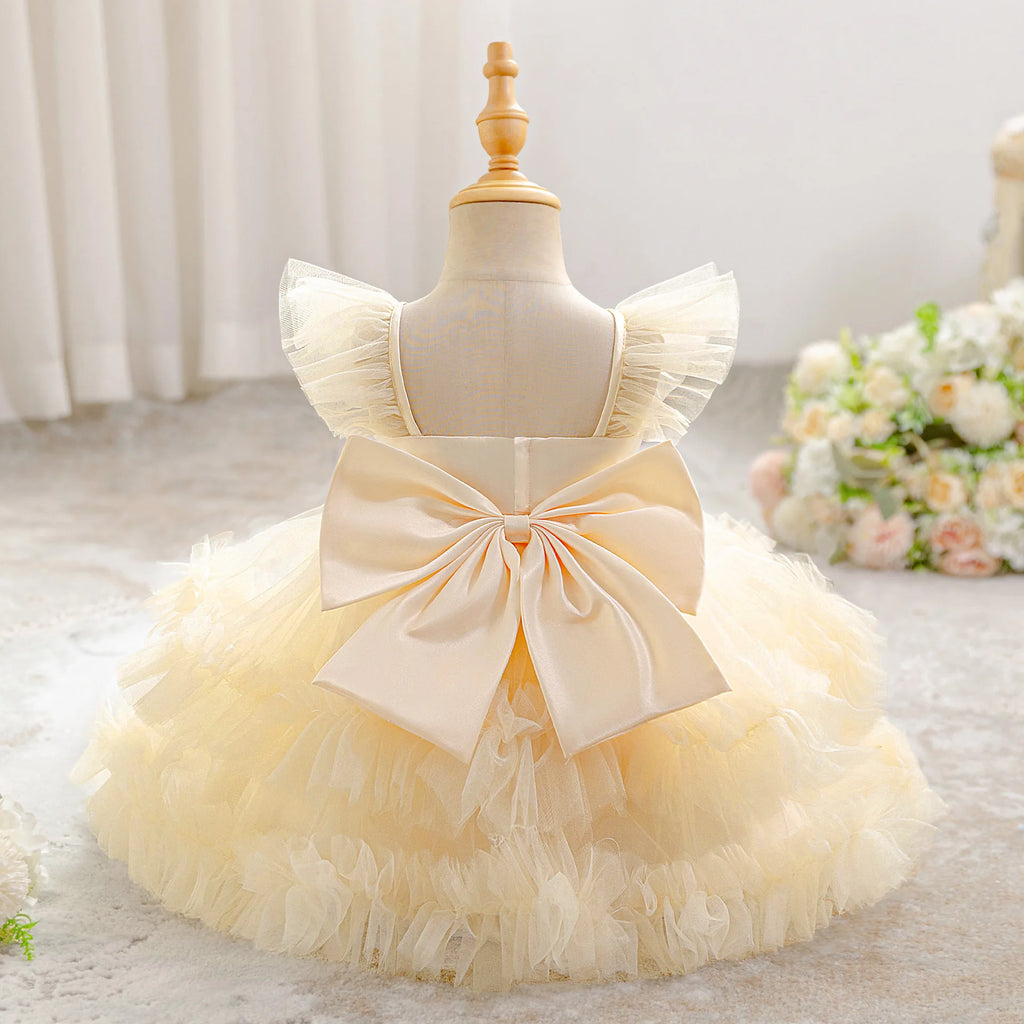 Baby Girl Elegant Layered Bow Princess Dress For Infant Toddler Ceremony Birthday Party Communion Baptism Christening Gown