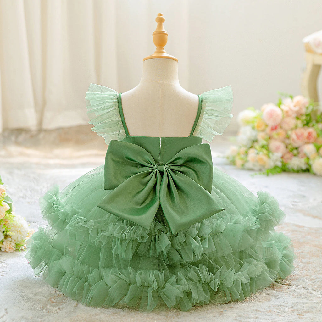 Baby Girl Elegant Layered Bow Princess Dress For Infant Toddler Ceremony Birthday Party Communion Baptism Christening Gown