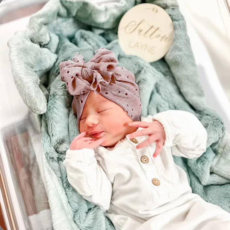 Summer Hollow Baby Turban Cap Big Bow Infant Indian Hat Thin Cotton Newborn Elastic Headscarf Solid Color Kids Hair Accessories