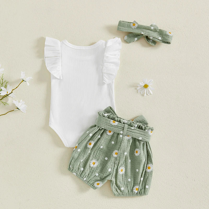 Adorable Toddler Summer Ensemble with Frilly Flutter Sleeve  Floral Print Bottoms Matching Hair Bow and Belt - 4 Piece