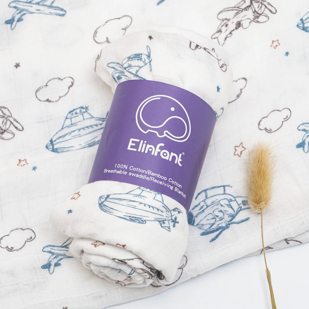 Elinfant 120x110cm Bamboo Cotton Baby Muslin Swaddle Blanket Cute Soft Print Baby Towel Wrap