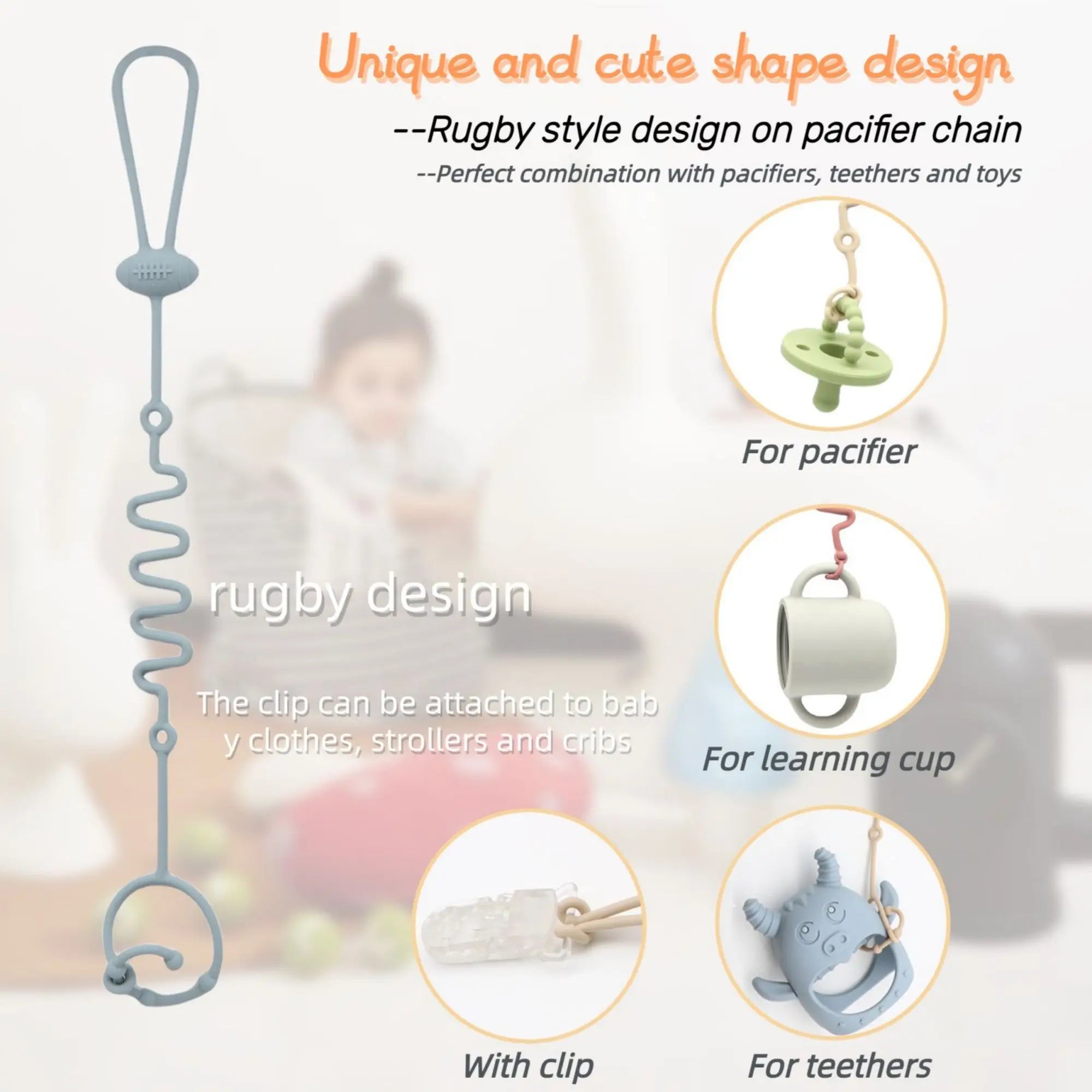 4-Piece Silicone Pacifier Clip, Teething Pacifier Holder Clip, Baby Pacifier Strap/Chain, Suitable for Toy Teething Devices