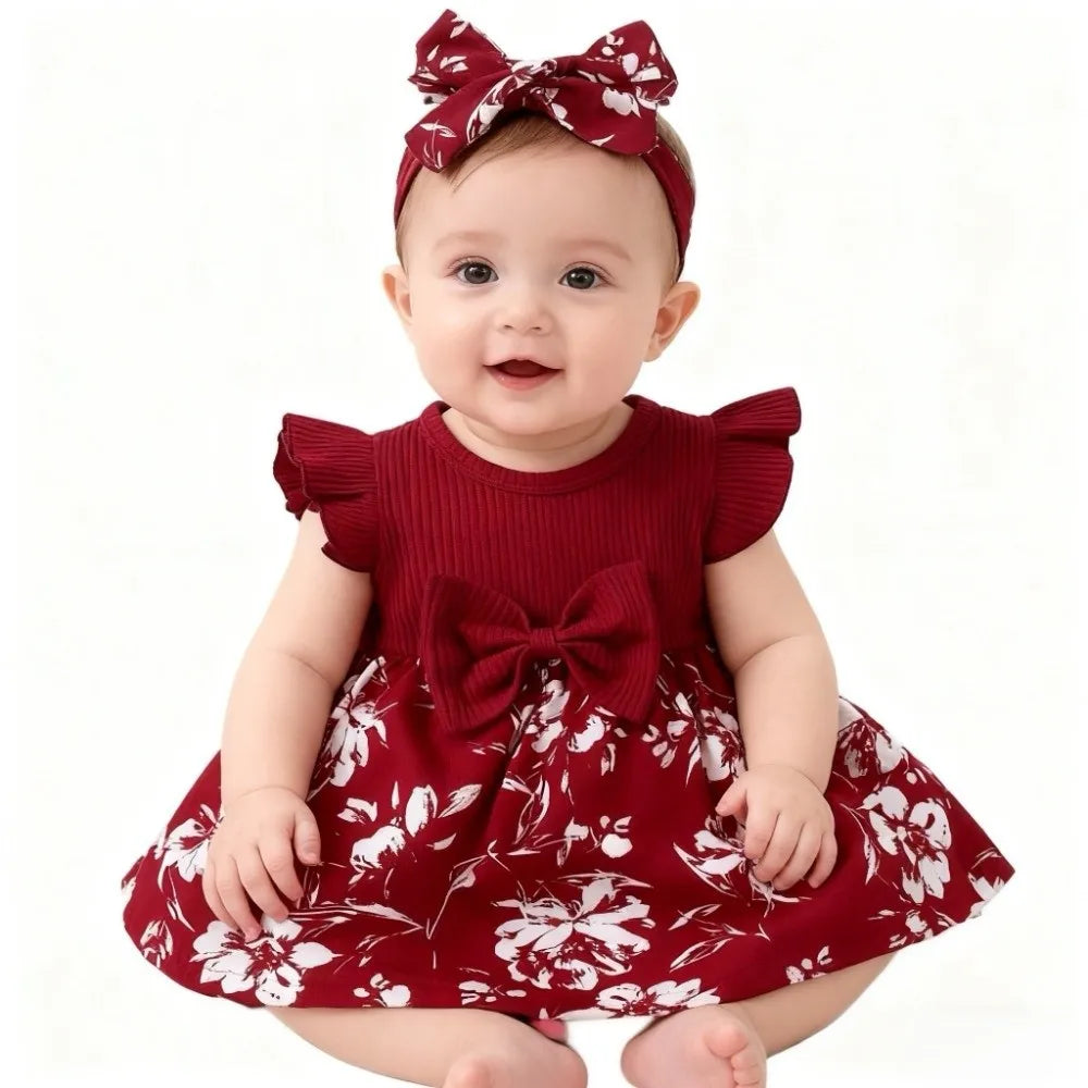 Bow Baby Girl Dress Floral Cotton Newborn Clothes Set Soft with Headband Socks Infant Red Princess Dress Baby Aged 3-12 Months
