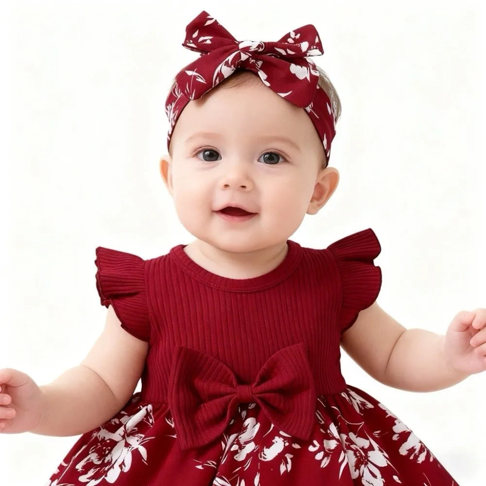 Bow Baby Girl Dress Floral Cotton Newborn Clothes Set Soft with Headband Socks Infant Red Princess Dress Baby Aged 3-12 Months