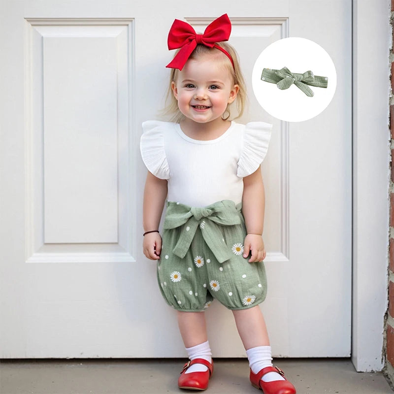 Adorable Toddler Summer Ensemble with Frilly Flutter Sleeve  Floral Print Bottoms Matching Hair Bow and Belt - 4 Piece