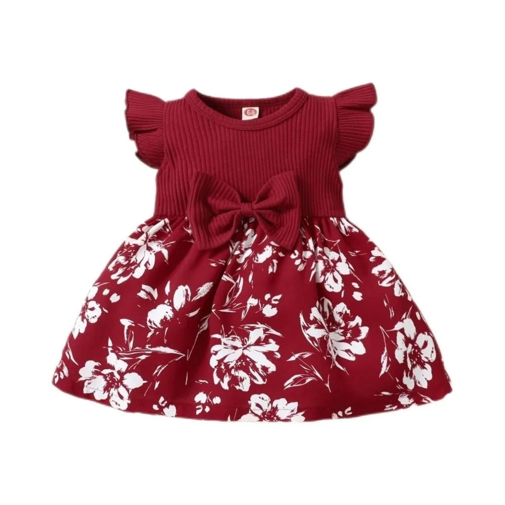 Bow Baby Girl Dress Floral Cotton Newborn Clothes Set Soft with Headband Socks Infant Red Princess Dress Baby Aged 3-12 Months