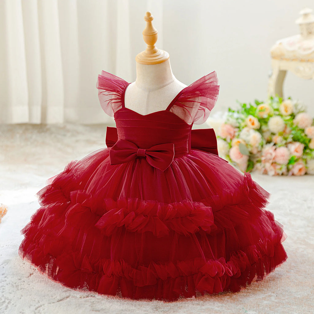 Baby Girl Elegant Layered Bow Princess Dress For Infant Toddler Ceremony Birthday Party Communion Baptism Christening Gown