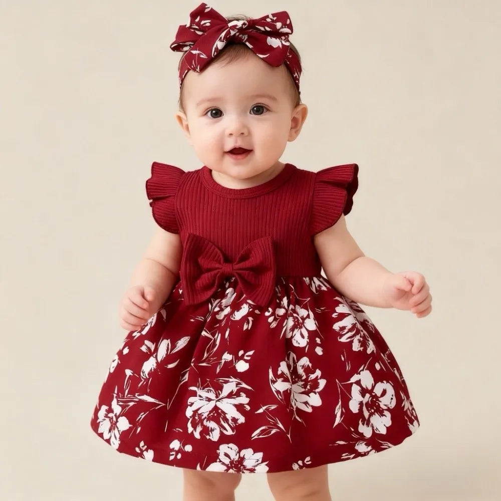 Bow Baby Girl Dress Floral Cotton Newborn Clothes Set Soft with Headband Socks Infant Red Princess Dress Baby Aged 3-12 Months