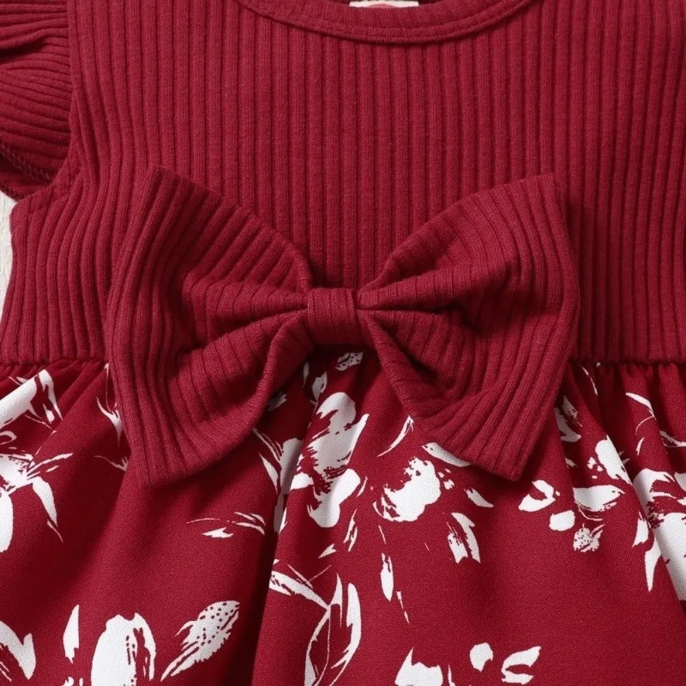 Bow Baby Girl Dress Floral Cotton Newborn Clothes Set Soft with Headband Socks Infant Red Princess Dress Baby Aged 3-12 Months