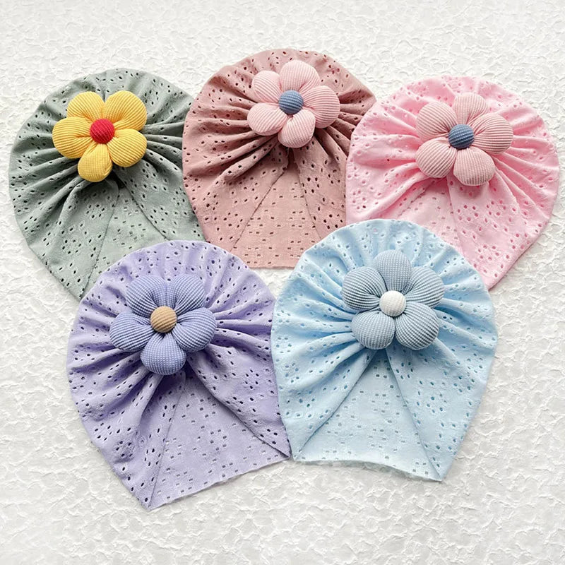 Summer Hollow Baby Turban Cap Big Bow Infant Indian Hat Thin Cotton Newborn Elastic Headscarf Solid Color Kids Hair Accessories