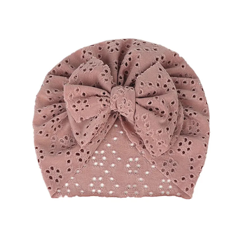 Summer Hollow Baby Turban Cap Big Bow Infant Indian Hat Thin Cotton Newborn Elastic Headscarf Solid Color Kids Hair Accessories