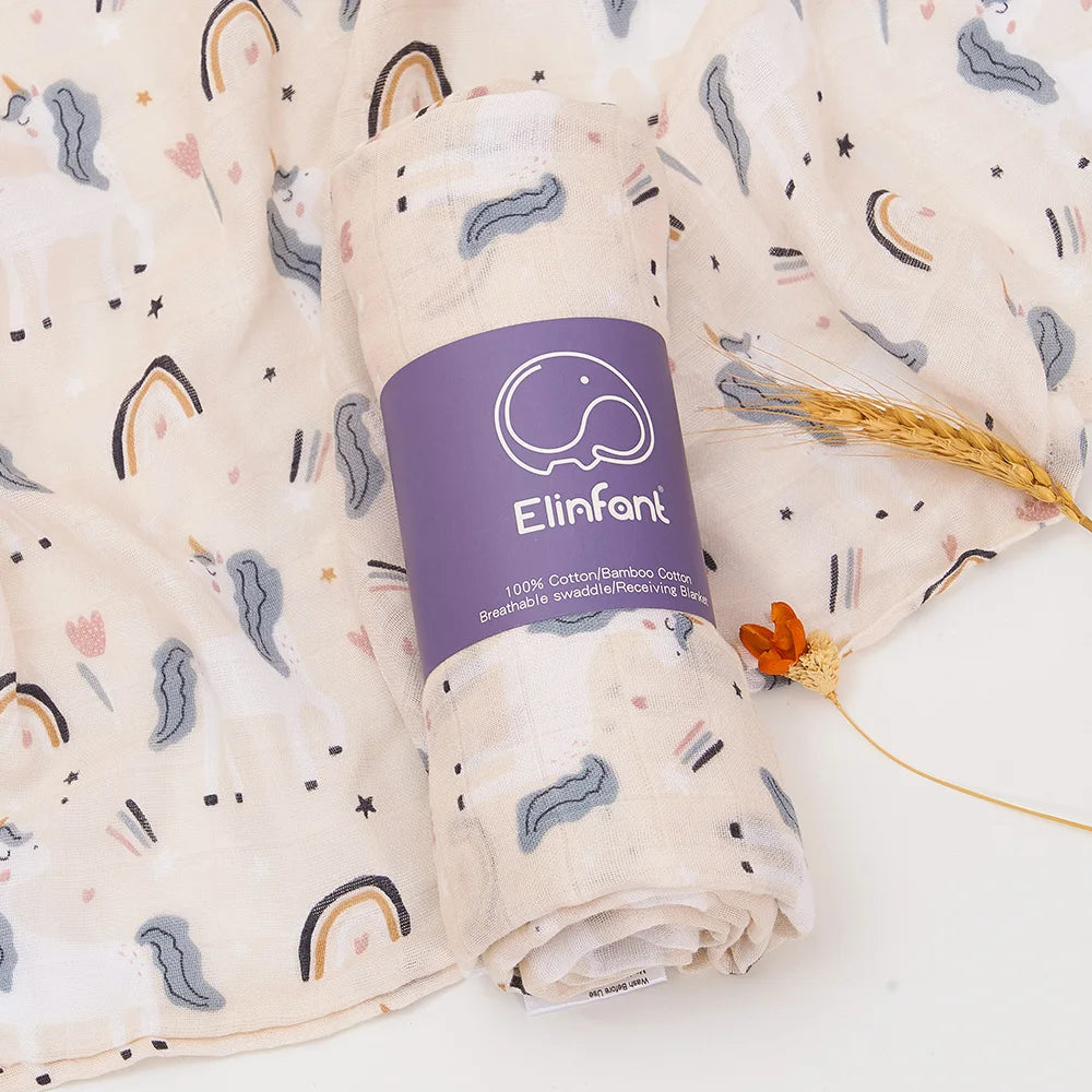 Elinfant 120x110cm Bamboo Cotton Baby Muslin Swaddle Blanket Cute Soft Print Baby Towel Wrap