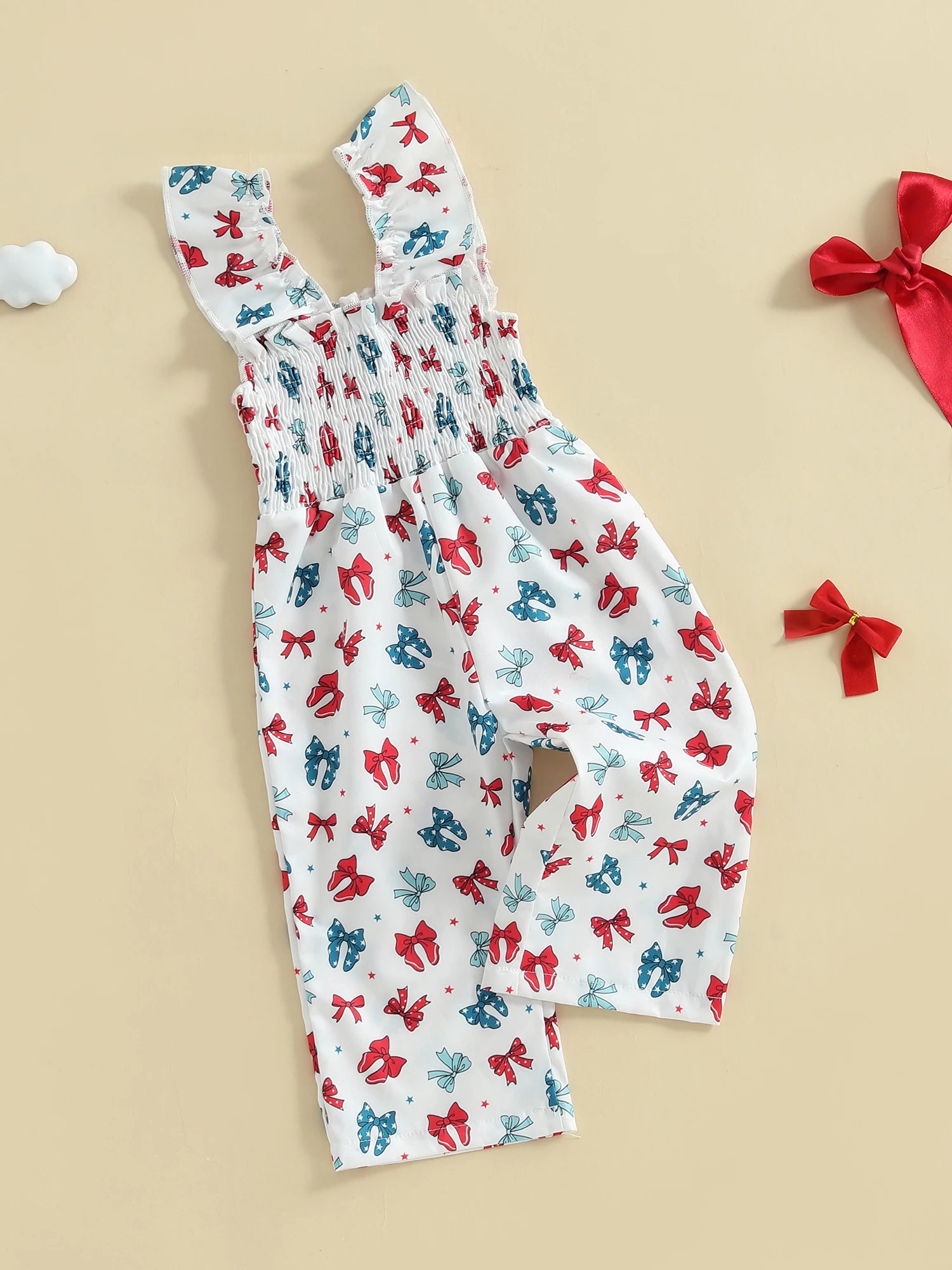 Cute Baby Girls Floral Print Ruffle Sleeve Romper Jumpsuit Toddler Summer Overall Suspender Pants Bowknot Outfit