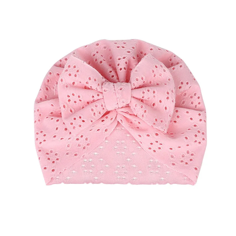 Summer Hollow Baby Turban Cap Big Bow Infant Indian Hat Thin Cotton Newborn Elastic Headscarf Solid Color Kids Hair Accessories
