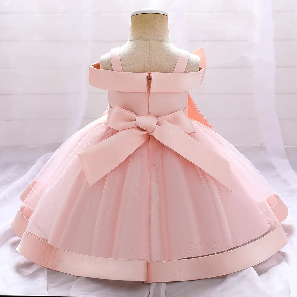 Bow Summer Dresses Infant Baby Girl Birthday Party Dress Lace Flower Newborn Princess Clothes Toddler Baby Girls Wedding Gown