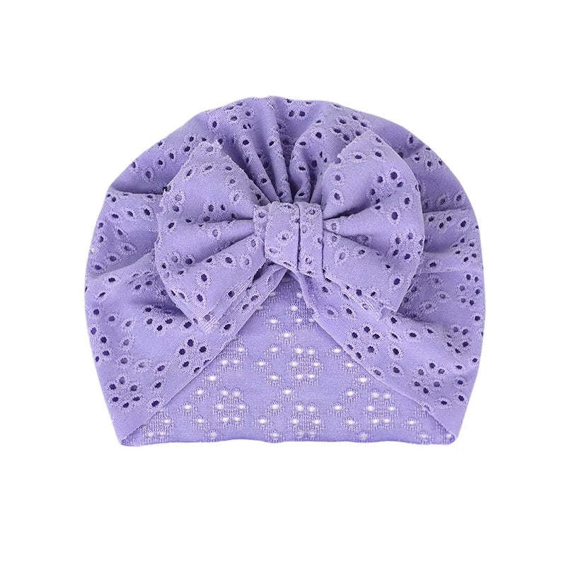 Summer Hollow Baby Turban Cap Big Bow Infant Indian Hat Thin Cotton Newborn Elastic Headscarf Solid Color Kids Hair Accessories