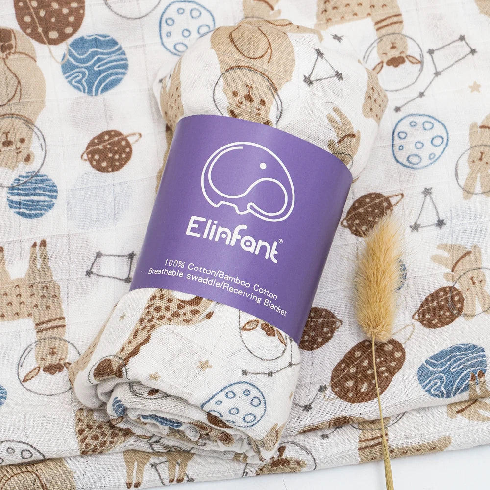Elinfant 120x110cm Bamboo Cotton Baby Muslin Swaddle Blanket Cute Soft Print Baby Towel Wrap