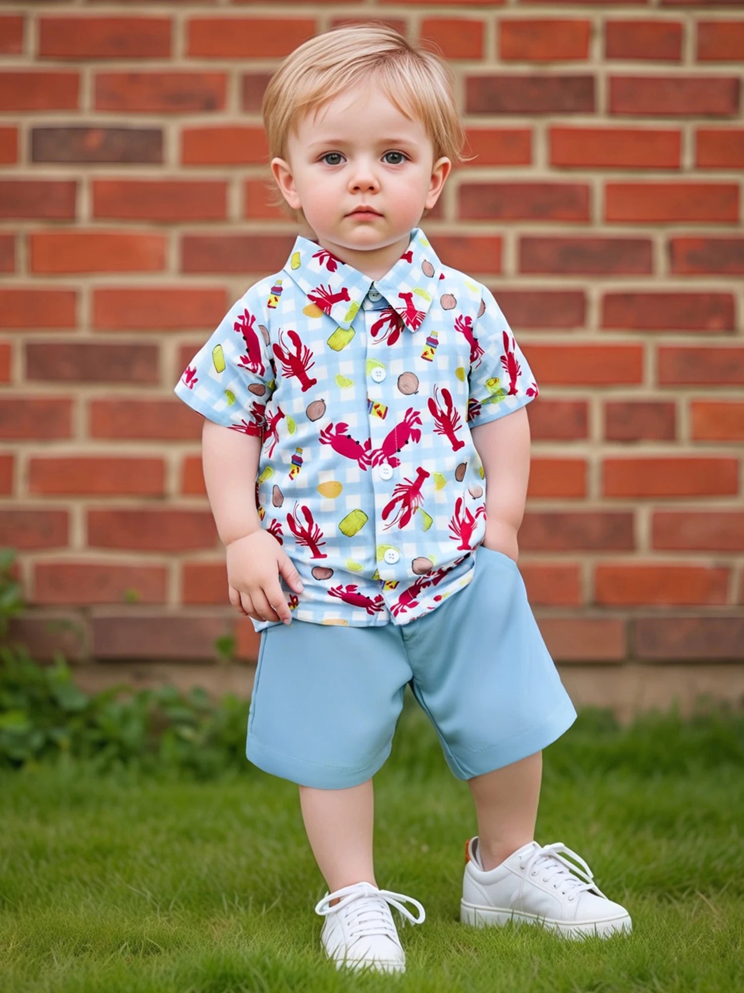 Infant Boys Casual Wear Short Sleeve Button Down Shirt and Shorts Set with Fun Lobster Print - Toddler Summer Outfit Collection