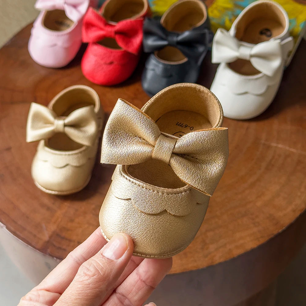 Baby Casual Shoes Infant Toddler Bowknot Non-slip Rubber Soft-Sole Flat PU First Walker Newborn Bow Decor Mary Janes