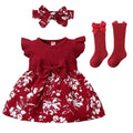 Bow Baby Girl Dress Floral Cotton Newborn Clothes Set Soft with Headband Socks Infant Red Princess Dress Baby Aged 3-12 Months