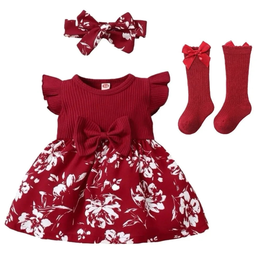Bow Baby Girl Dress Floral Cotton Newborn Clothes Set Soft with Headband Socks Infant Red Princess Dress Baby Aged 3-12 Months