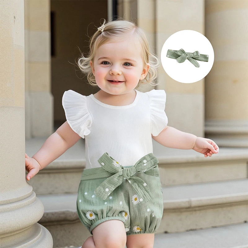 Adorable Toddler Summer Ensemble with Frilly Flutter Sleeve  Floral Print Bottoms Matching Hair Bow and Belt - 4 Piece