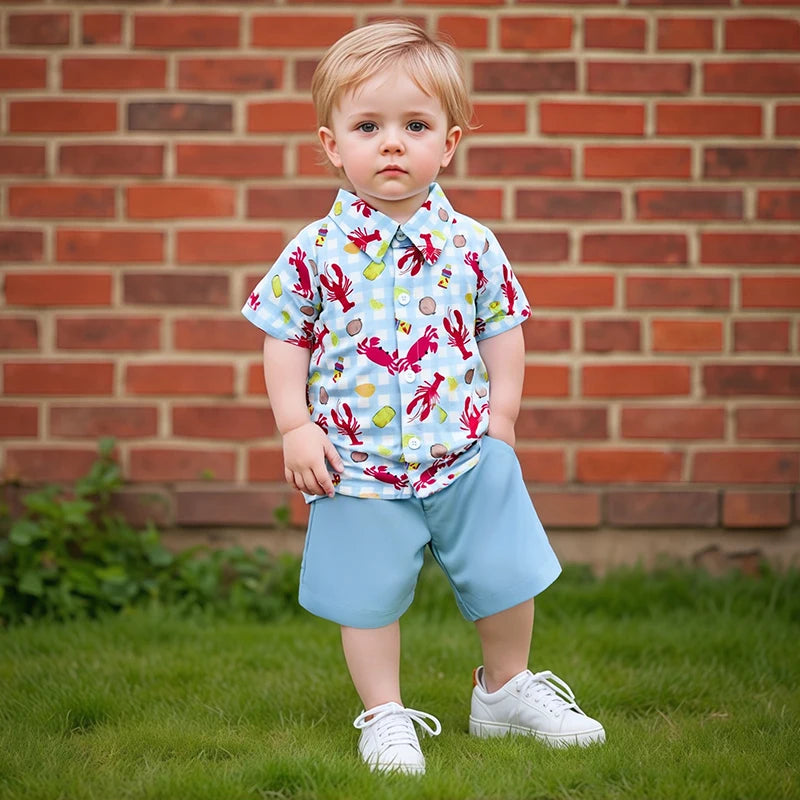 Infant Boys Casual Wear Short Sleeve Button Down Shirt and Shorts Set with Fun Lobster Print - Toddler Summer Outfit Collection