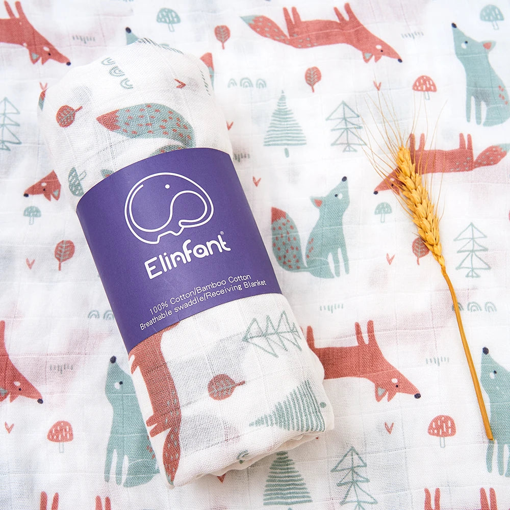 Elinfant 120x110cm Bamboo Cotton Baby Muslin Swaddle Blanket Cute Soft Print Baby Towel Wrap